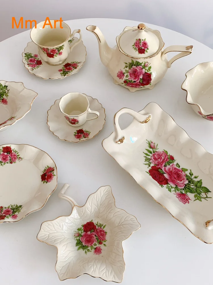 Vintage Court Style Pink Flower Ceramic Plate Pot Cup and Saucer Set Double Handle Disk