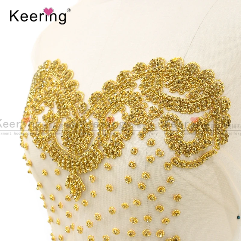 Keering-3D Gold Rhinestone Beads for Party Dress, Crystal Applique, Sexy, WDP-268