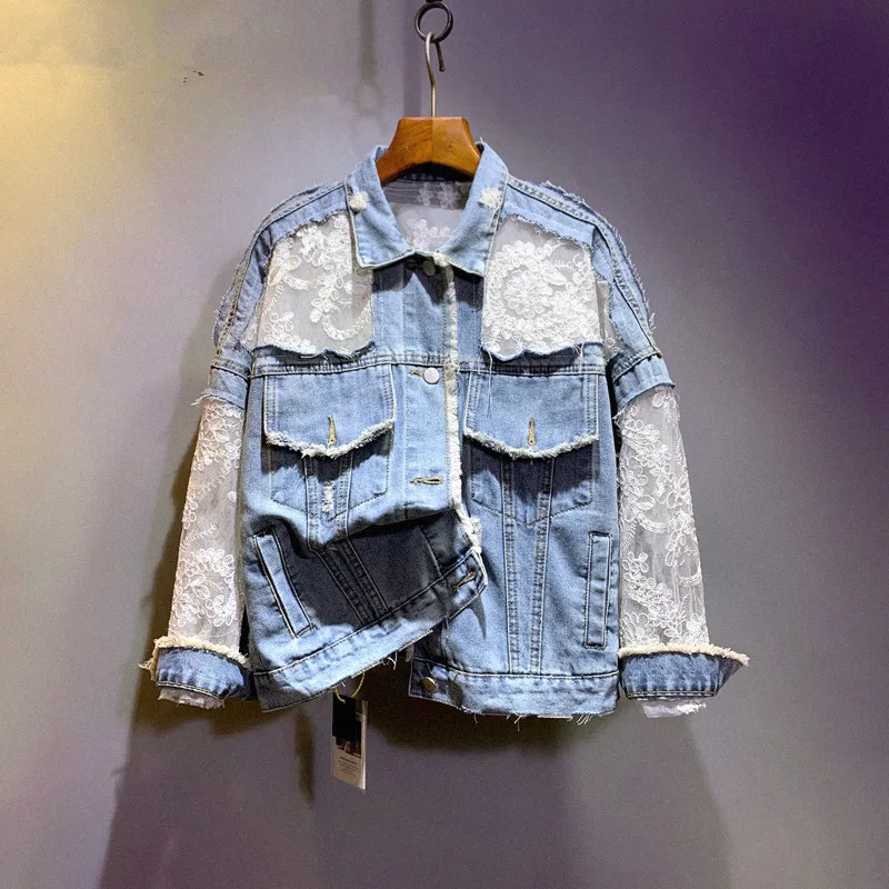 Woman Denim Jacket White Lace Patchwork Lapel Collar Long Sleeve Pockets Loose Casual 2024 Autumn Fashion Jeans Jacket Women