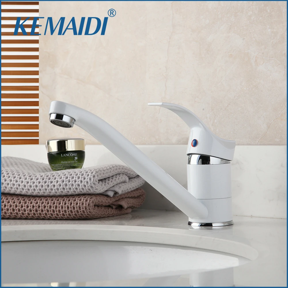 

KEMAIDI White Bathroom Faucet Single Handle Bathroom Basin Sink Faucet Hot & Cold Mixer Deck Mounted White Finished Tap