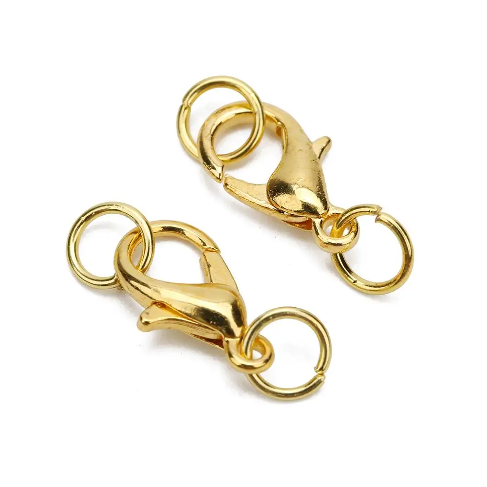 50pcs 10 12 14mm Metal Lobster Clasps Hooks With Jump Rings Gold Color End Clasps Connectors Necklace Findings Jewelry Making