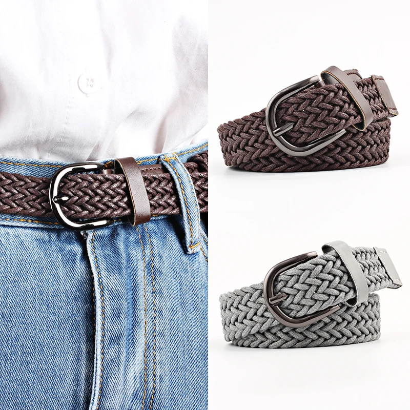 D&T 2021 New Fashion Belt Men Women Unisex Knitted Metal Alloy Pin Buckle Casual Trend Style For Jeans Quality PU Leather Belt