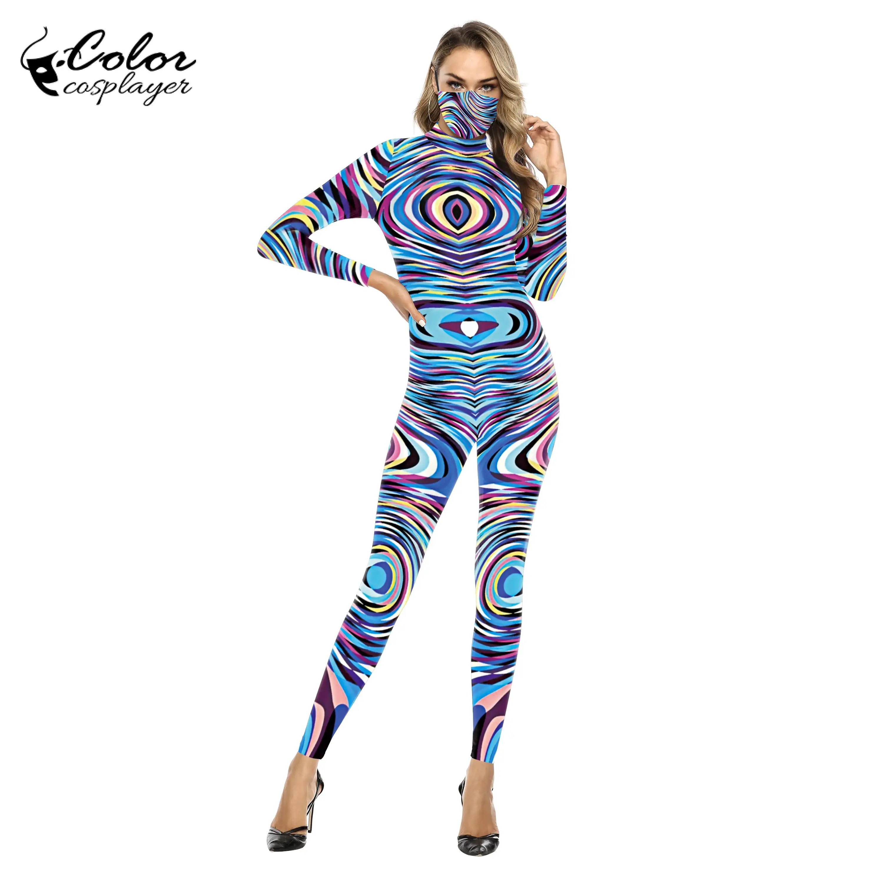 Disfraz de fiesta de fantasía para carnaval, traje de Zentai Catsuit con estampado de textura de color de ojos para mujer, trajes de máscara Sexy, mono de manga larga para adultos