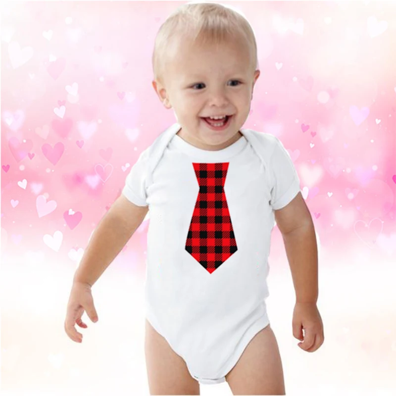 

Newborn Baby Boy Plaid Bow Tie Print Valentines Day Rompers Funny Infant Boys Valentine Jumpsuit Toddler Short Sleeve Outfit