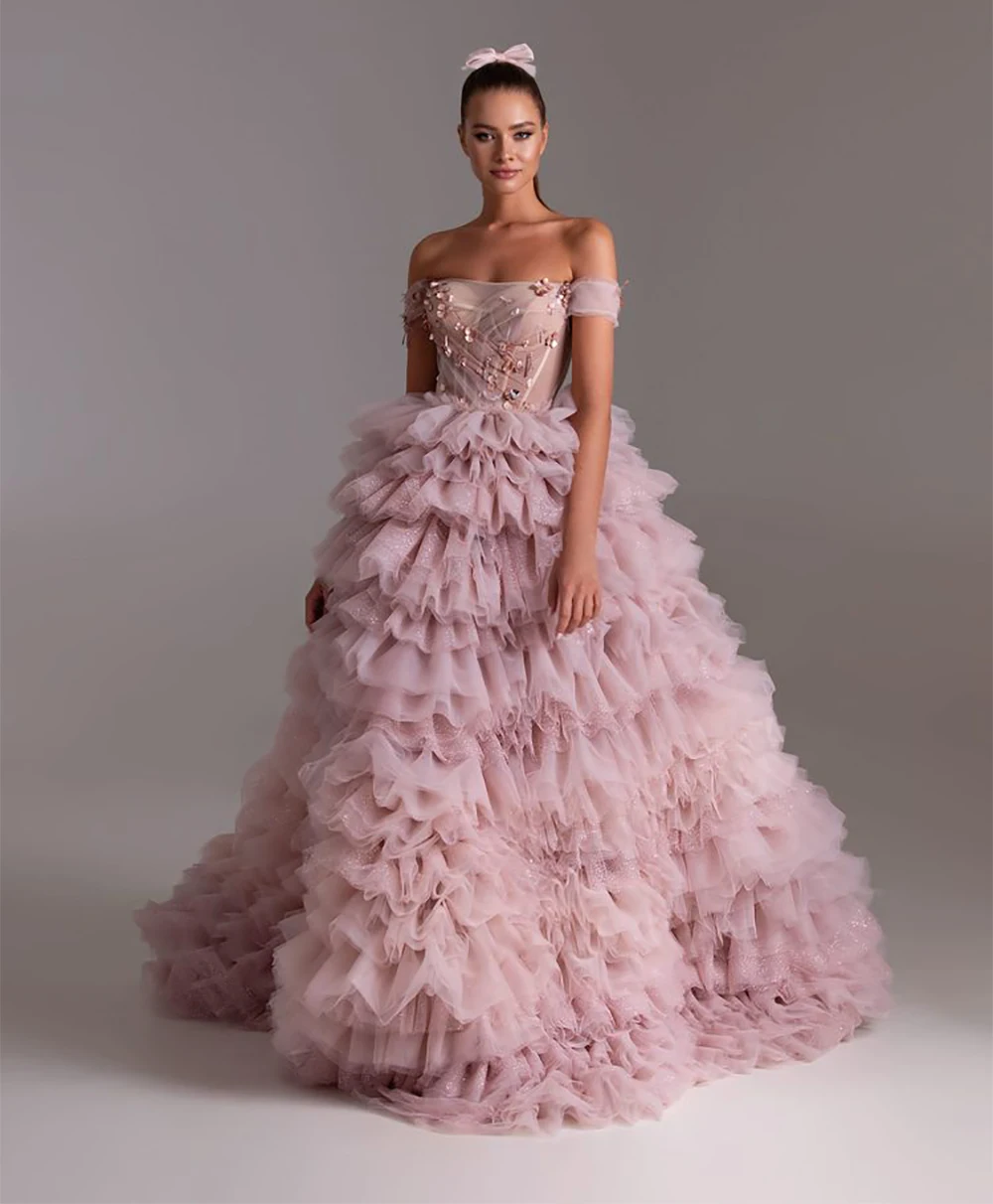 Sevintage Elegant Pink Tiered Evening Dress Crystal Beading Off the Shoulder Prom Gowns Sequined A-Line Evening Dresses