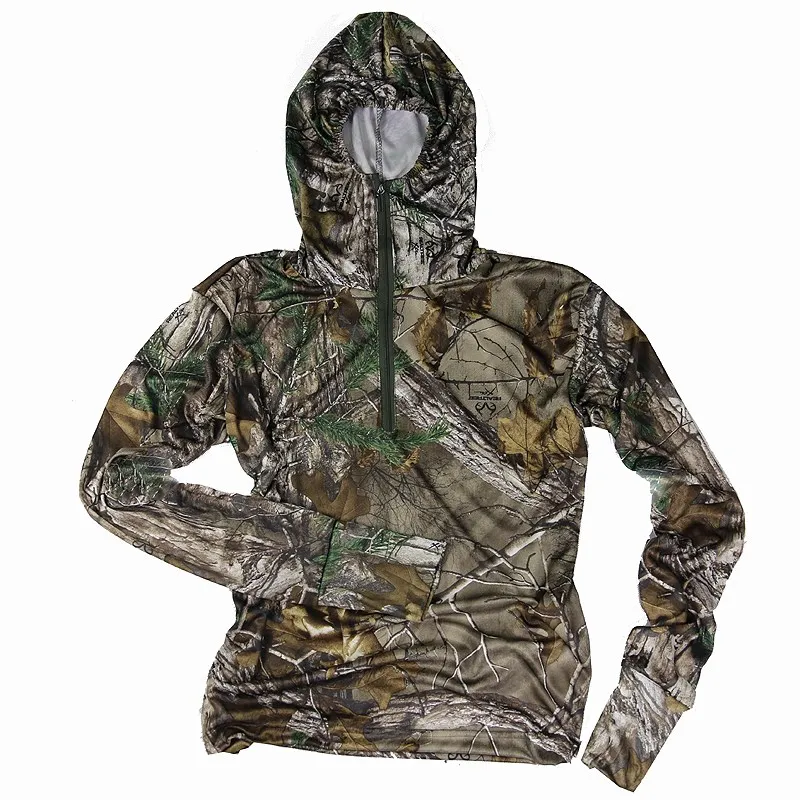 Summer Quick Dry Sun Protective Fishing Clothes Outdoor Hunting Bird Watch Bionic Camo Shirt Mens Stretch Breathable Hooded Tops