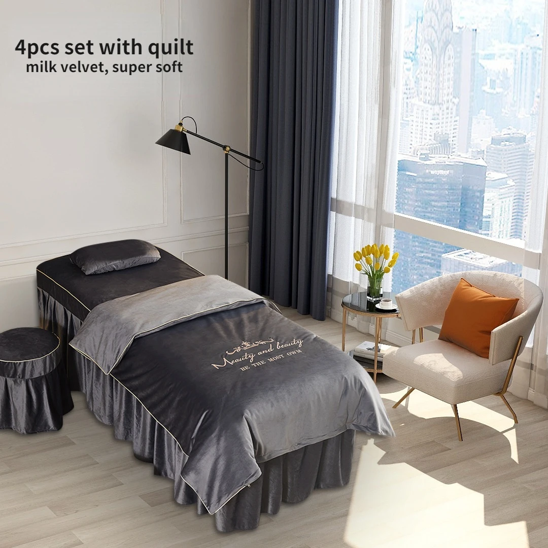 

Thickened Milk Velvet Bedding Sets for Beauty Salon, Massage Spa, Embossed Lace Bedskirt Sets with Insert, Winter, 4Pcs