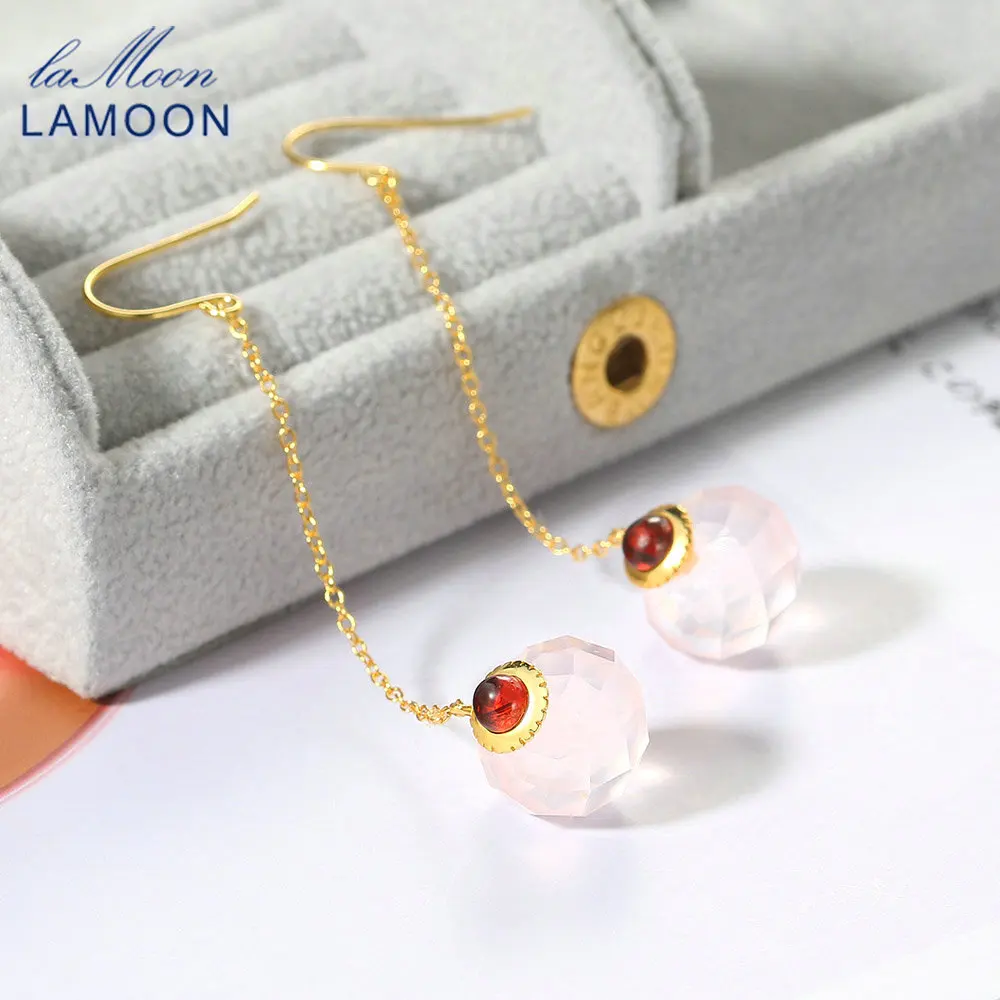 

LAMOON 925 Silver Crystal Ball Drop Earring For Women Natural Big Rose Quartz Garnet 14K Gold Plated Fine Jewelry Korean EI146