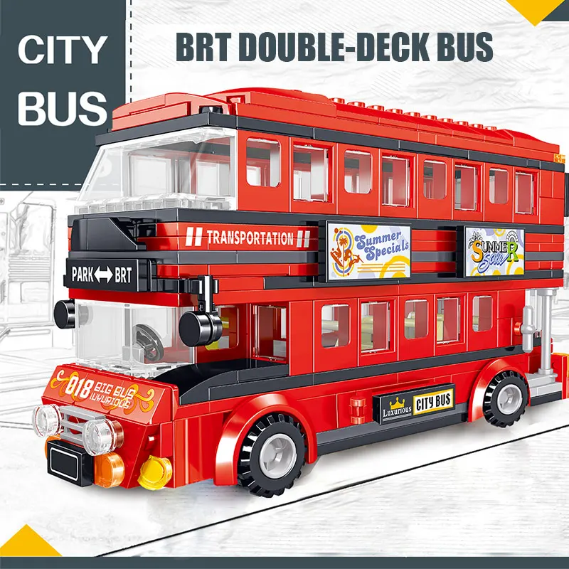 398PCS Brt Double Deck Bus Building Blocks Red Bus City School Car Bricks Enlightenment Toys for Kids