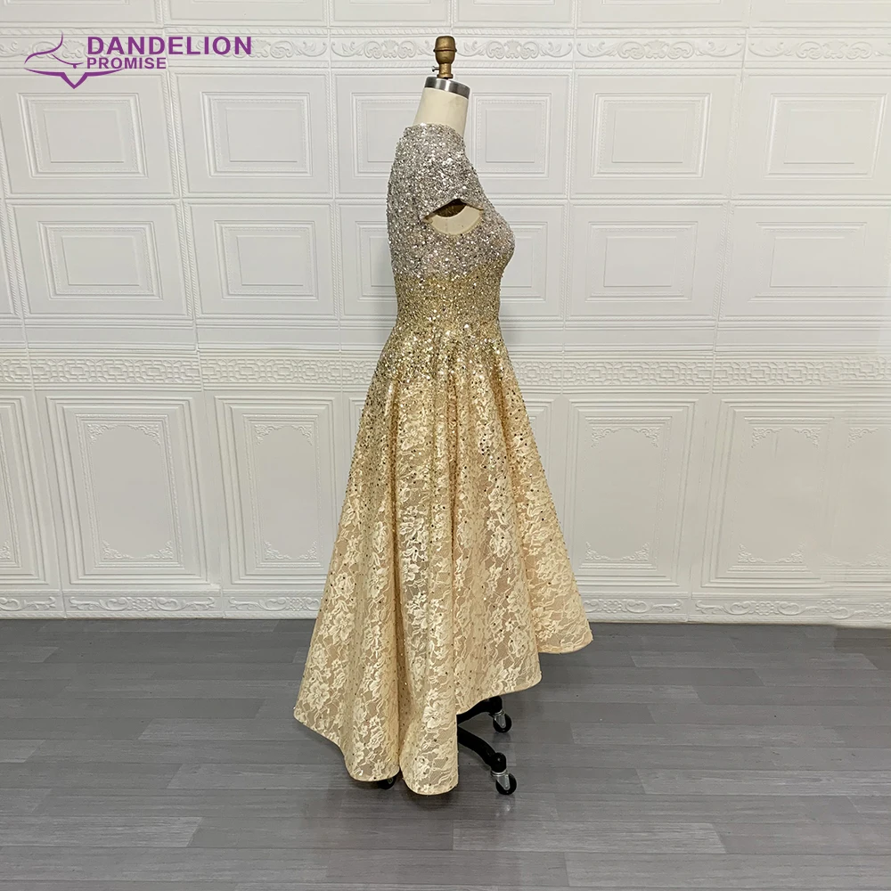 Luxury Gold Evening Dress  2020 High Neck Cap Sleeves  A-Line Lace Beads Handmade Prom Formal Party Gowns