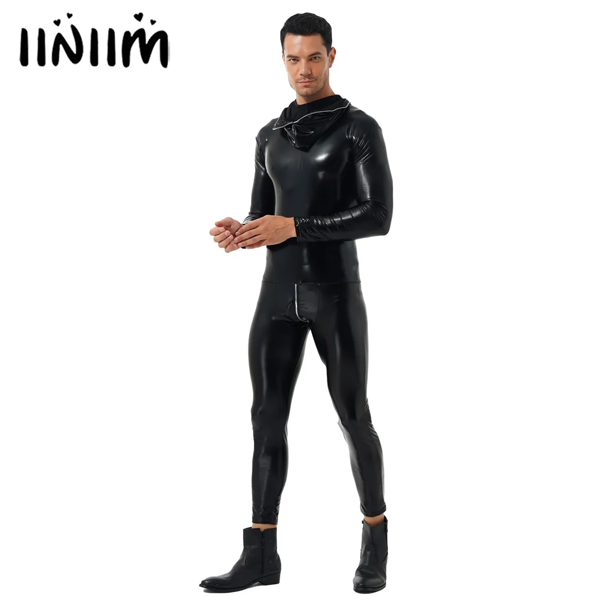 Men Latex Catsuit Wet Look Shiny Patent Leather Hooded Bodysuit Zipper Skinny Jumpsuits Nightclub Halloween Role Play Costumes