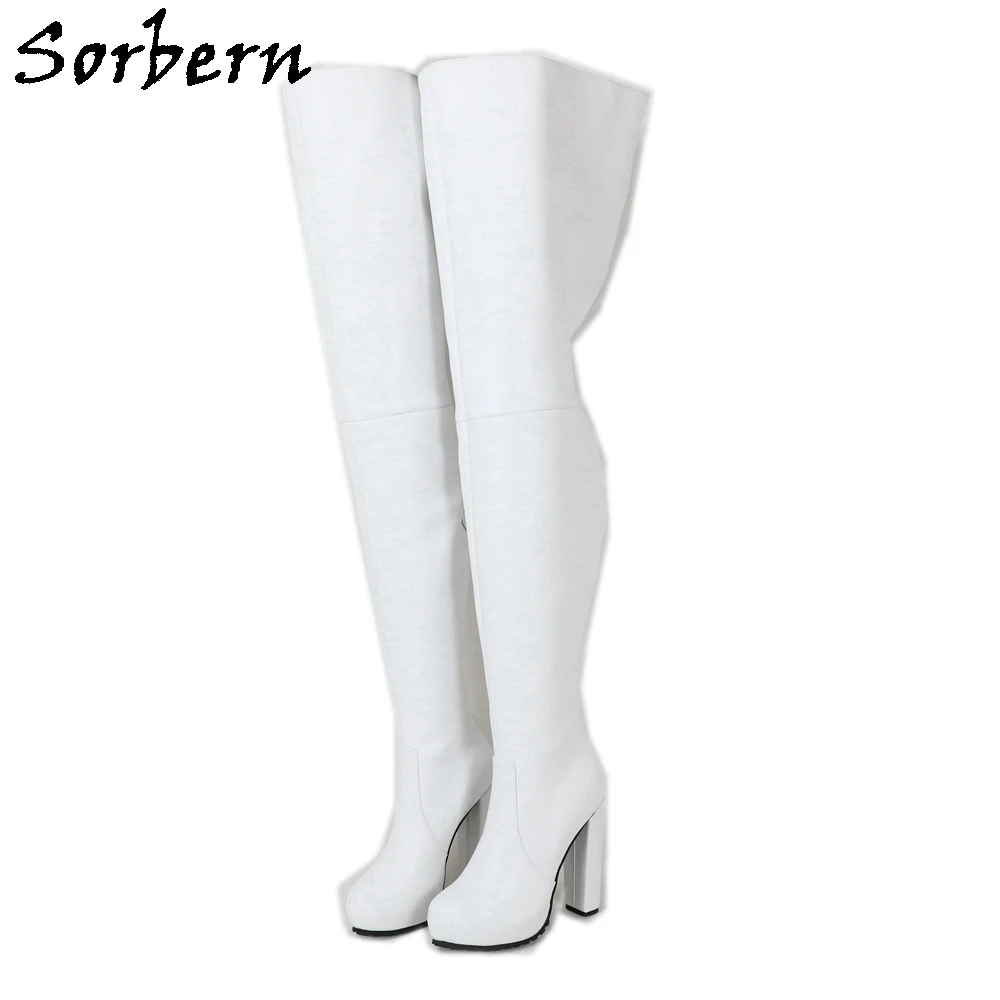 Sorbern Custom Genuine Leather White Boots Mid Thigh High Back Zipper Winter Style Long Boot Block High Heels Wide Fit Calf Boot