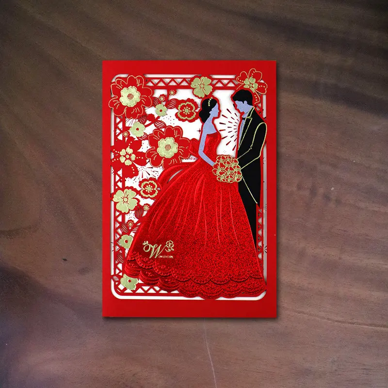 

new design laser cut wedding invitation card bride and groom red invitations include inner paper envelopes 30sets / lot