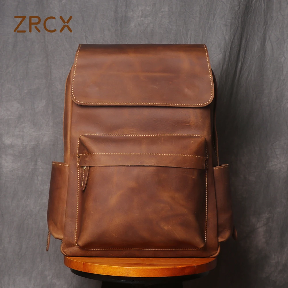 

ZRCX Retro Genuine Leather Backpack First Layer Cowhide Backpack Leisure Travel Bag Large Capacity Computer Bag For 15.6inch