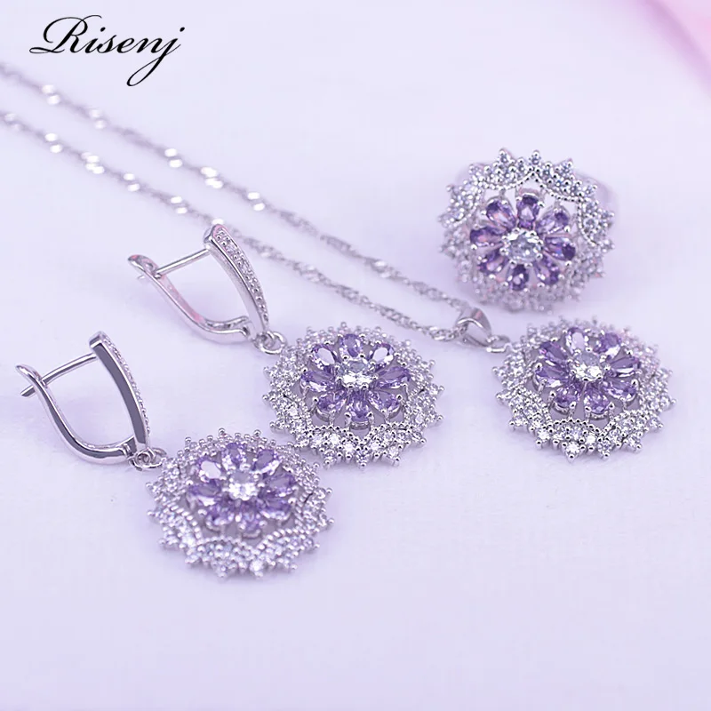 Risenj Silver 925 Jewelry Set For Women ins pop Daisy Square Jewelry Purple Zircon & Crystal Earrings Ring Necklace Bracelet Set