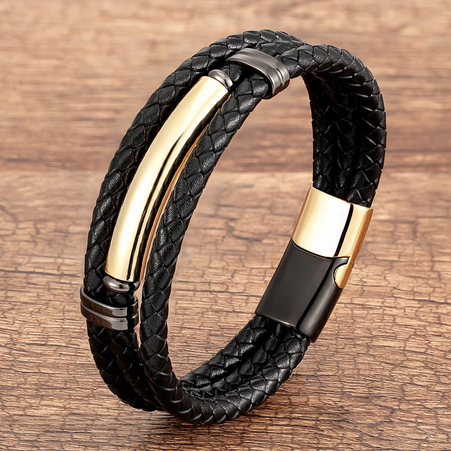 Charm Multilayer Leather Stainless Steel Men's Bracelet Magnetic Clasp Black Rope Chain For Men's Valentine Day Jewelry Gifts