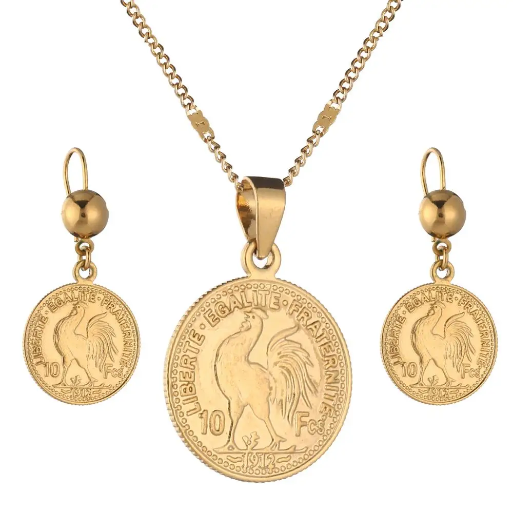 Gold Color Coin Pendant Necklaces France Lecoqgaulois Old French Trendy Coin Jewelry Sets