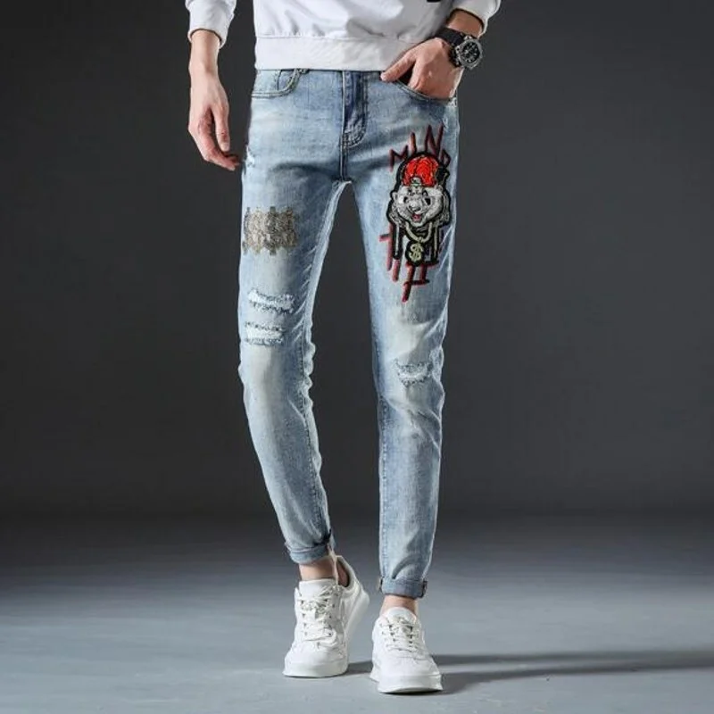 

Winter Autumn Thick Mens Hole Ripped Casual Denim Pants Fashion Embroidery Diamonds Straight Stretch Male Full Length Trousers