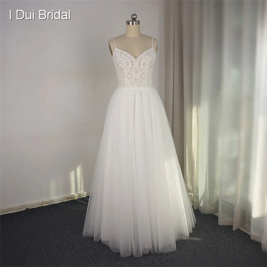 Spaghetti Glitter Hochzeit Kleid EINE Linie Bodenlangen Perlen Ausschnitt Boho Chic Brautkleid Licht Gewicht