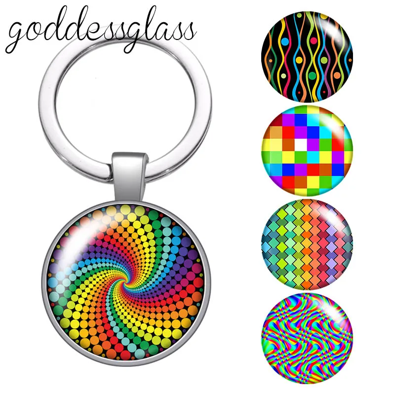 Beauty Colorful Rotating patterns ripple dots glass cabochon keychain Bag Car key chain Ring Holder Charms keychains for Gifts