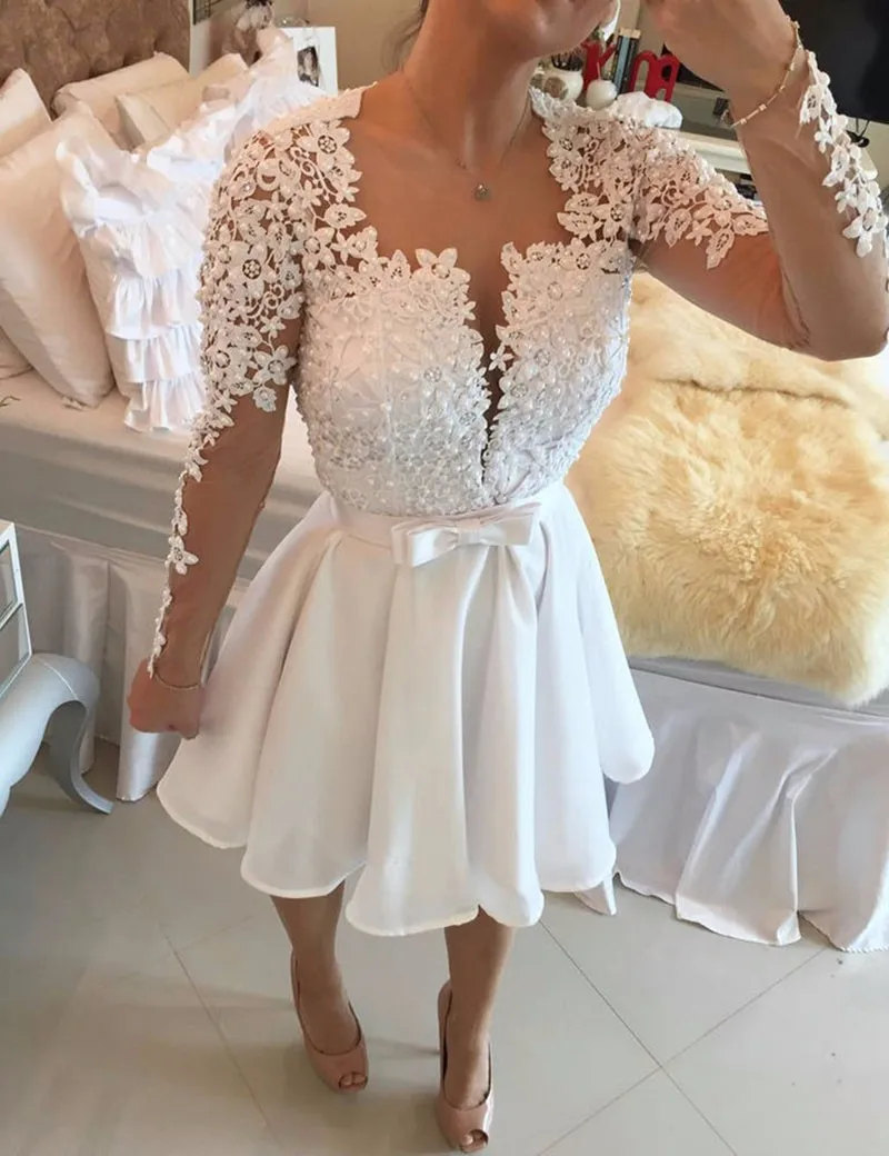 White Short Homecoming Dresses Vestido De Festa Curto Lace Long Sleeve Pearls Beaded Dresses Graduation Prom Gowns فساتين السهرة