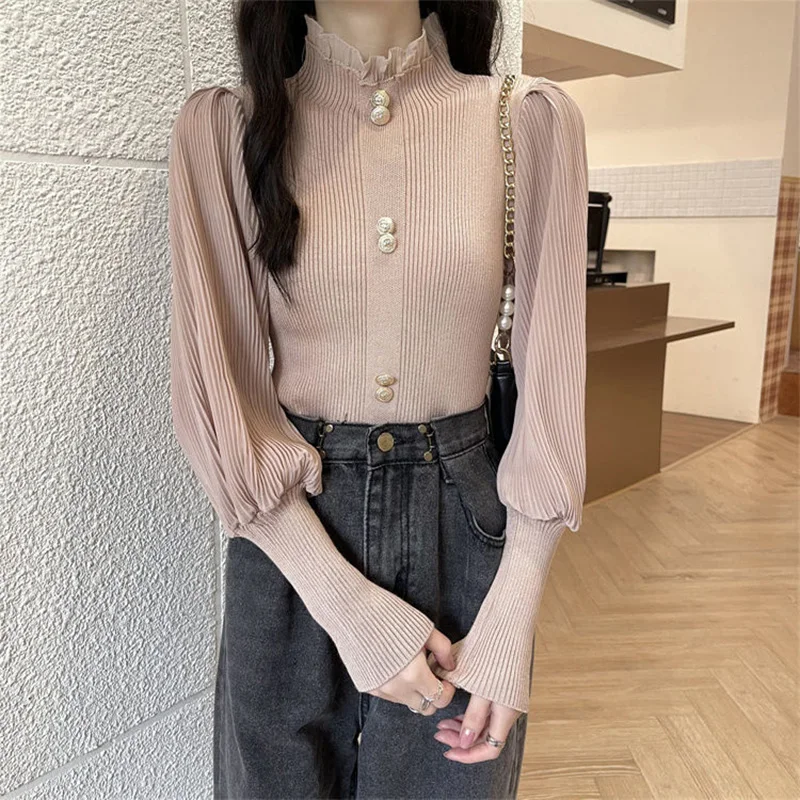 Vintage France Elegant Blouse Women Chiffon Knit Patchwork Folds Lantern Sleeve Pullovers Ruffl Stand Collar Commute Short Shirt