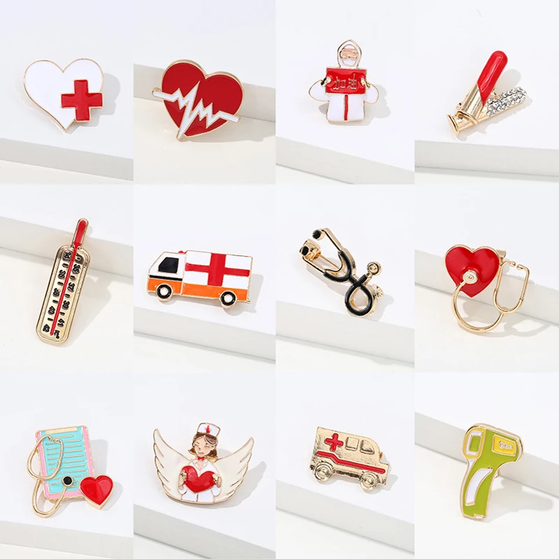 New Medical Medicine Brooch Pin Stethoscope Electrocardiogram Heart Shaped Enamel Metal Pin Nurse Doctor Backpack Lapel Jewelry