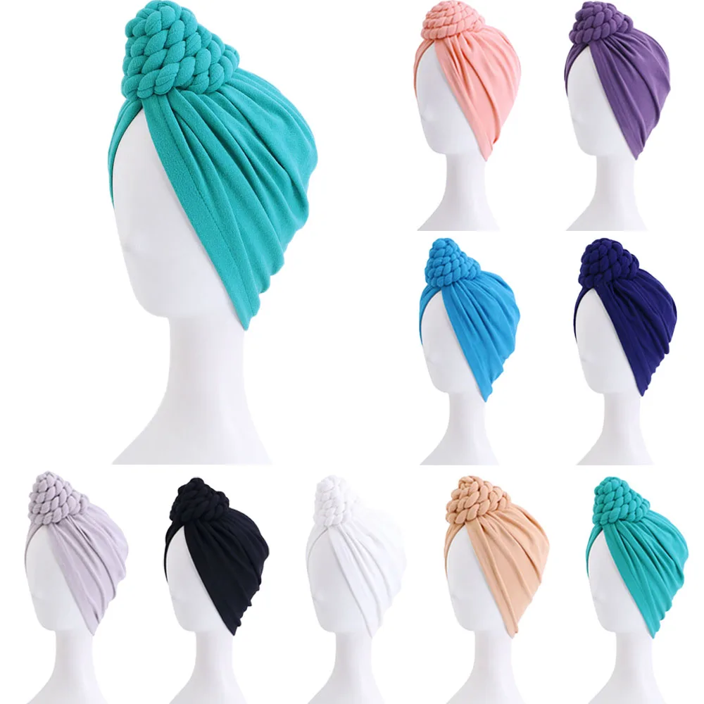 Fashion Braids Knot Turban Hats Hijabs Solid Color Soft Muslim Bonnet Cap Headscarf Headwraps For Women Bandana Hair Accessories