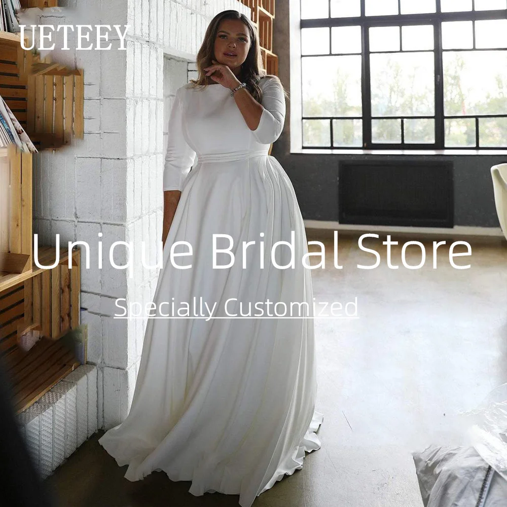 Customized Plus Size Wedding Dress Long Sleeve O-Neck Zipper Back 2022 Simple Satin A-Line Big Bridal Gowns Vestido De No