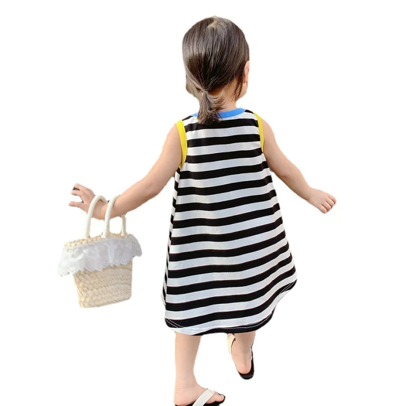 Summer Girls Dress 2021 New European American Style Simple Cool Loose Striped Vest T-Shirt Dresss Kids Children\'S Clothing