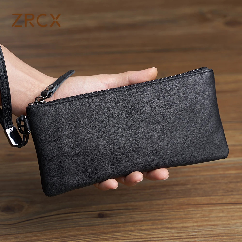 ZRCX-Bolso de mano de gran capacidad para hombre, Cartera de cuero de vaca de capa superior, informal, suave, larga, para teléfono móvil