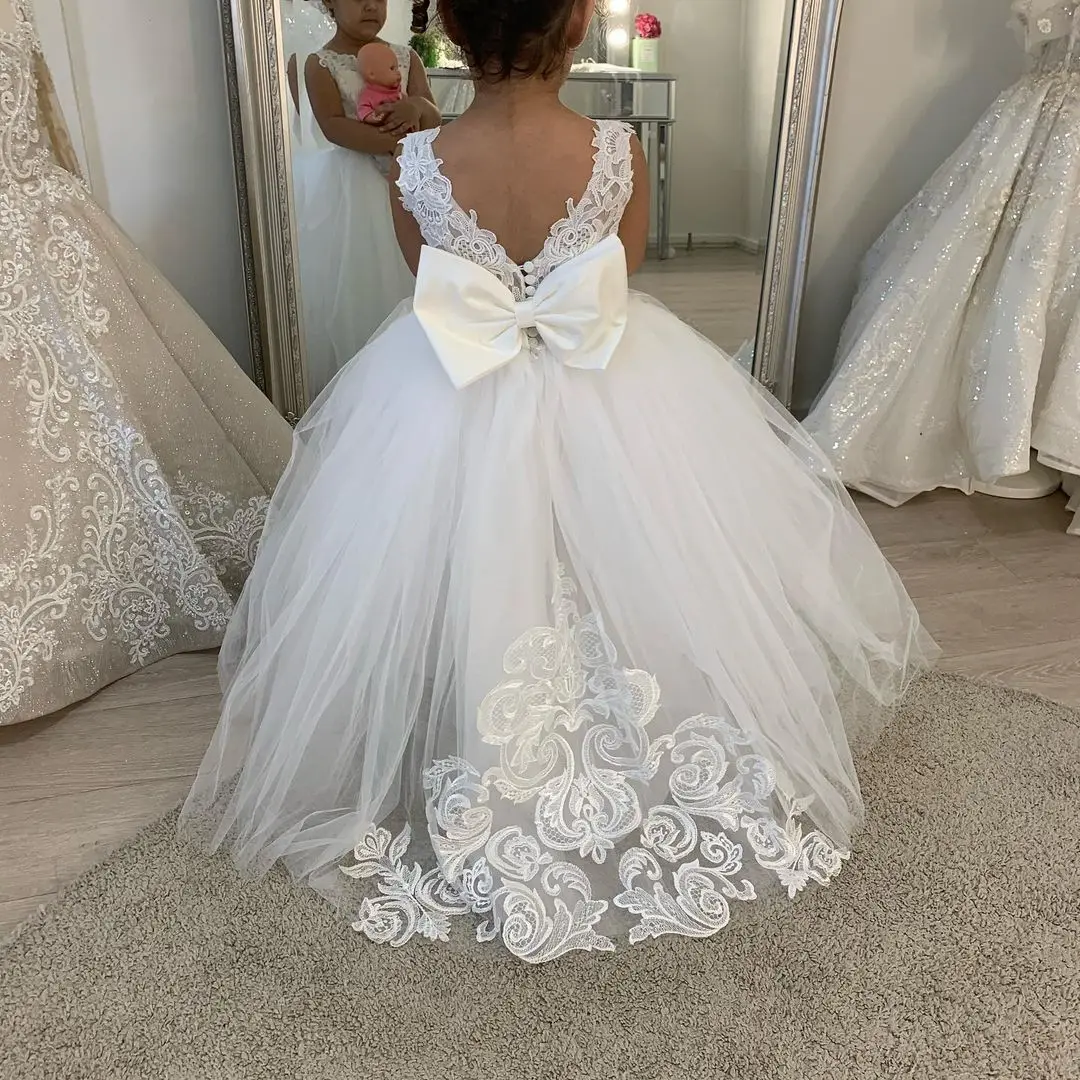 Xunbei-vestido de flores para niña, lazos de tul de encaje, vestido de boda de primera comunión para niños, vestido de baile de princesa encantador, vestido de fiesta