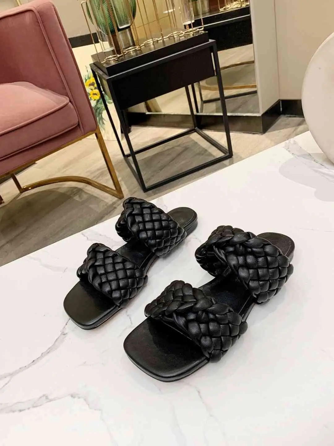 

Summer Runway Shoes Luxury Weave braid Leather Slippers Women 2021 Flats Beach Sandals Brand Square Peep Toe Ladies Slides