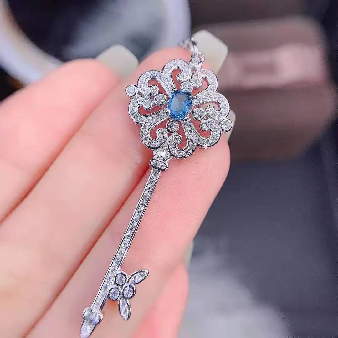 Silver Color Pavé Crystal Vintage Key Pendant Synthetic Sapphires Necklaces Women's Light Luxury Temperament Dress Jewelry