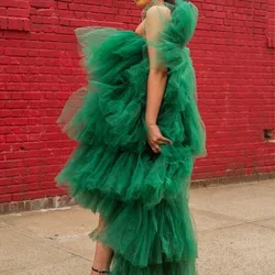 Green  High Low Tiered  Tulle Women Dresses 2022 High Street Fashion Long Summer Women Dress To Party  Vestido De Mulher