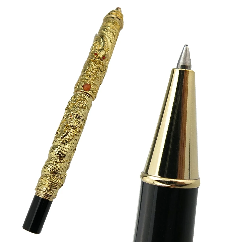 

Jinhao Rollerball Pen Golden Tower Cap Small Double Dragon Playing Pearl Metal Carving Embossing Heavy Pen For Best Stationery