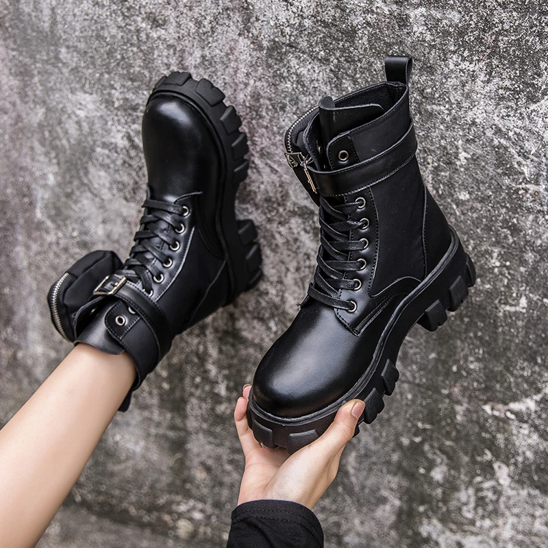 New Fashion Autumn Winter Women Mid-Calf Bootie Storage Pocket Buckle Strap Motorcycle Boots Shiny Leather Flat Platform Boots