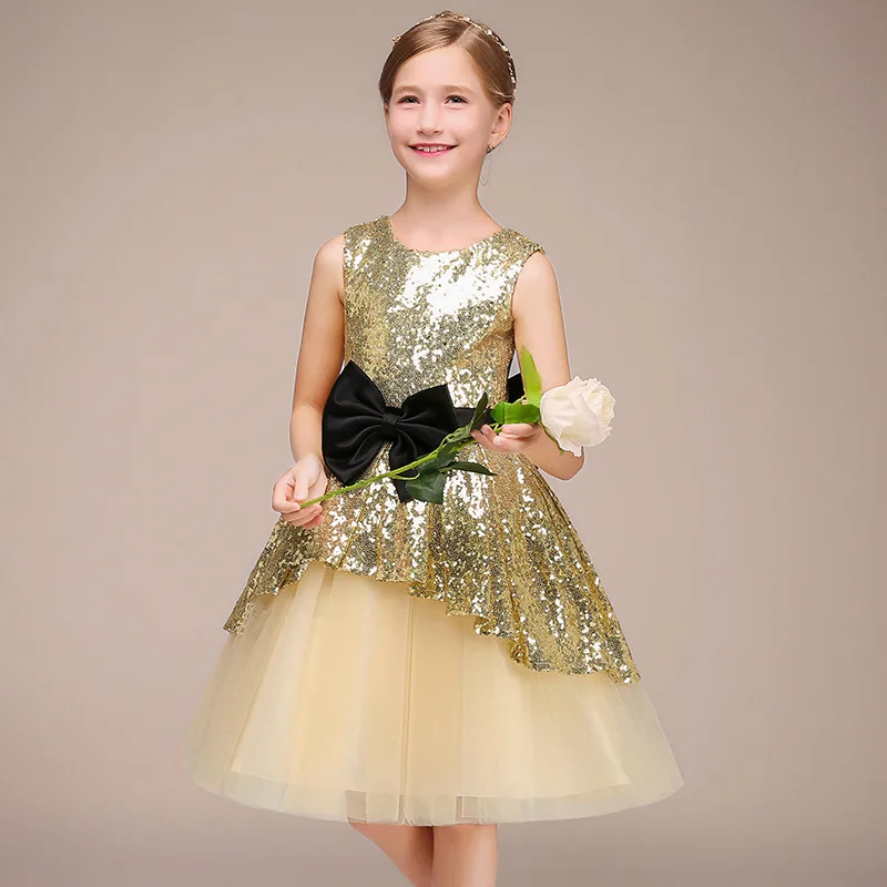 Robes de soirée courtes à paillettes dorées pour filles, tenue de princesse à fleurs, longueur aux genoux, pour Communion d'anniversaire, mariage