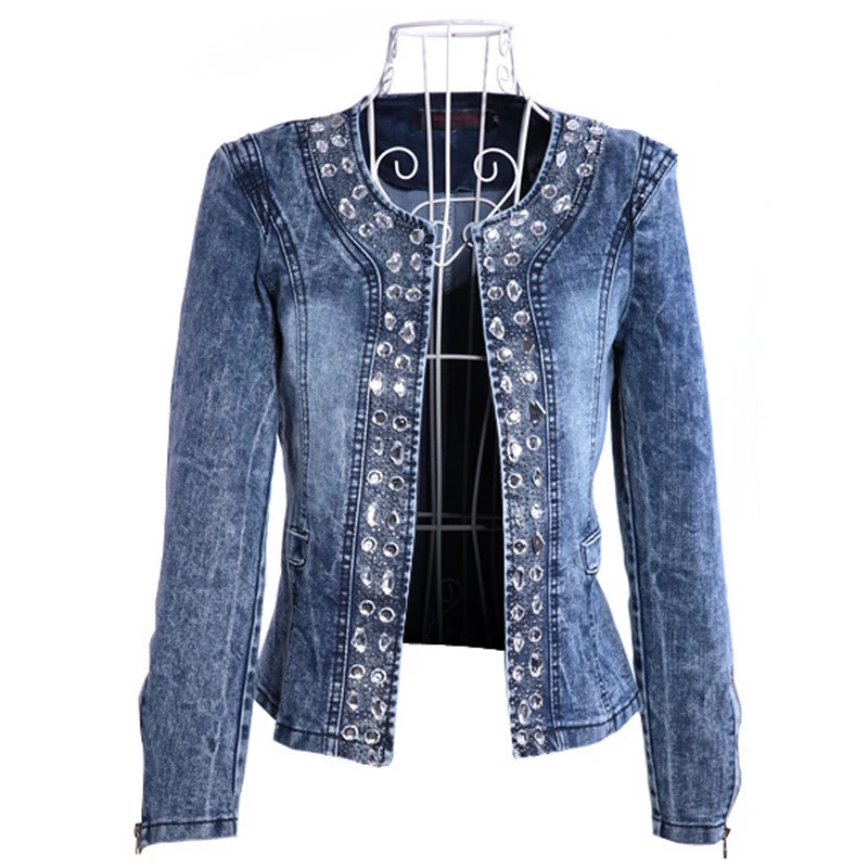 

New Slim Denim Jackets Outerwear Coats Classical Rhinestone Sequins Retro Jackets Women Coats With Rivets Female Jackets H223