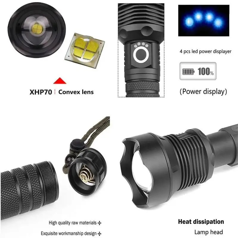 2020 New Power Light Zoom XHP-70 LED Flashlight USB Rechargeable Flashlight 20W Indicator Tactical Light Use 18650/26650 Battery