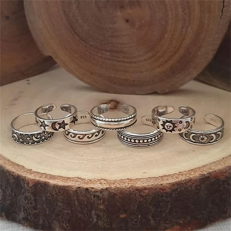 7Pcs Summer Beach Vacation Knuckle Foot Ring Open Toe Rings Set for Women Girls Adjustable Ring Set Schmuck Matching Jewelry