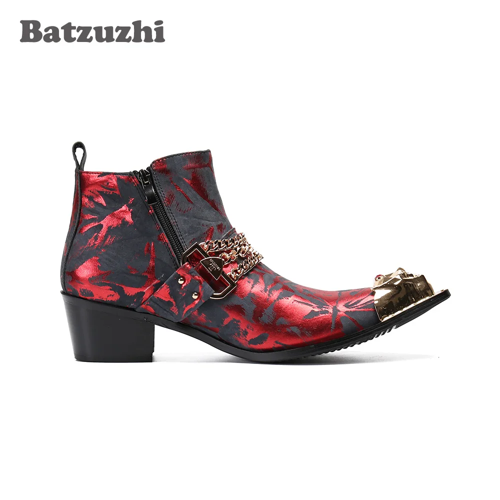 

Batzuzhi Formal Leather Ankle Boots Men Punk Men's Boots Golden Pointed Metal Tip Wine Red Party and Wedding Motorcycle Boot Men