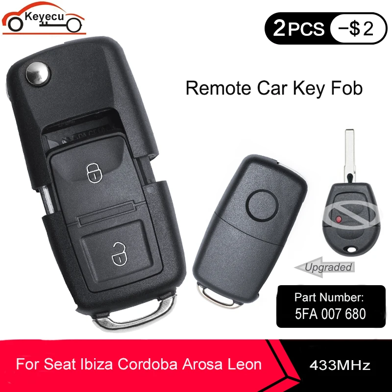 KEYECU 2 Buttons 433MHz ID48 for Volkswagen VW Bora Polo Golf Passat Lupo Auto Upgraded Flip Remote Key Fob P/N: 5FA 007 680