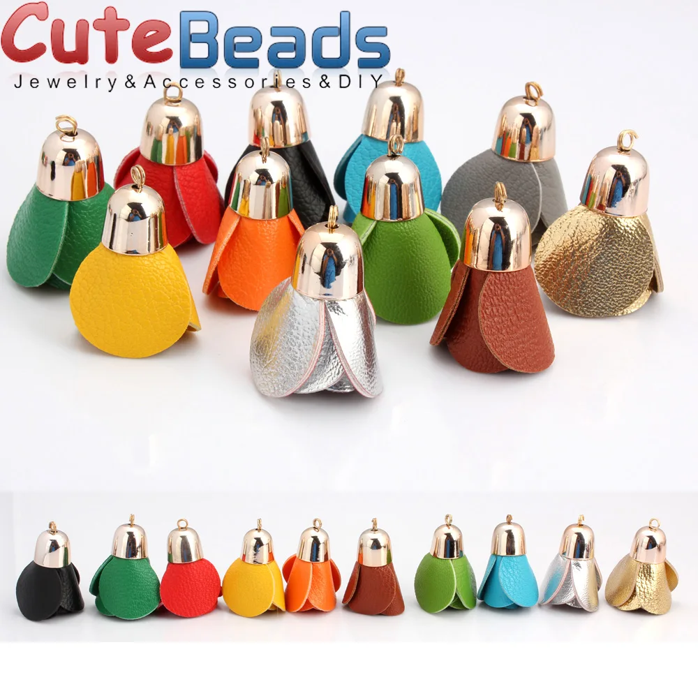 Free shipping gold cap mixed color faux leather rose tassel earrings pendant DIY jewelry production 42 mm 6 pieces / lot