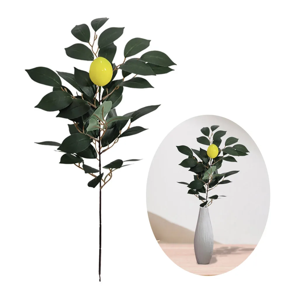 Artificial Lemon Branch Party Or Garden Decoration Vivid Yellow Color Bendable 57cm Ins Nordic Style Green Plant Banyan Leaves