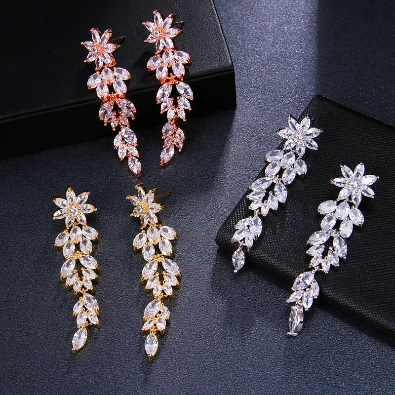 Ekopdee Luxury Flower Long Tassel Earrings Women Vintage Bling Cubic Zirconia Bridal Earrings Female Bridal Wedding Jewelry New