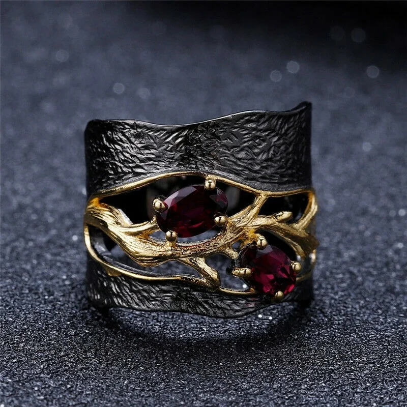 NEUE Frauen Edlen Schmuck Schwarz Gold Überzogene Rhodolith Granat Zirkone Ring Größe 6-10