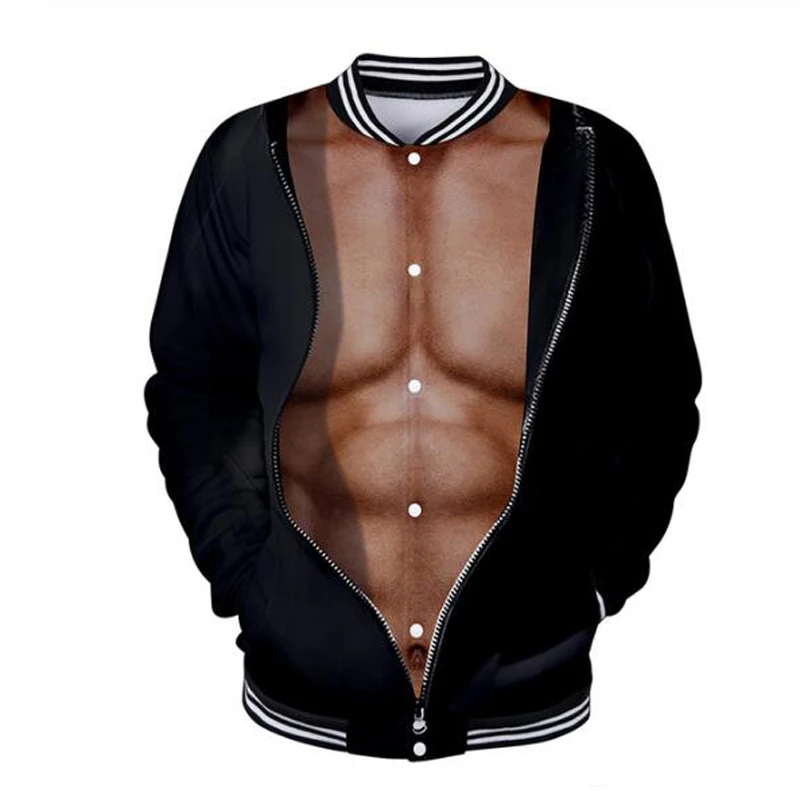 

Bomber Jacket Men Fake Muscle 3D Print College Baseball Jacket Sudadera Hombre Streetwear Harajuku Sweatshirt Hoodie Funny Tops