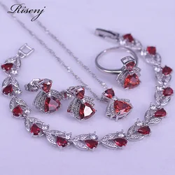 Lucky Color Red Zircon 925 Sterling Silver Jewelry Set For Women Stud Earrings Ring Necklace Bracelet Set Costume Jewelry Set