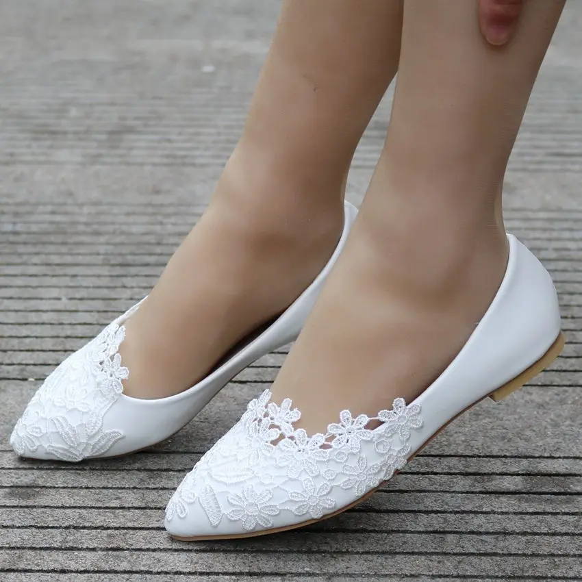 White Ballet Flats Lace Wedding Shoes Flat Heel Casual Shoes Woman Pointed Toe Princess Wedding Flats Plus Size 43